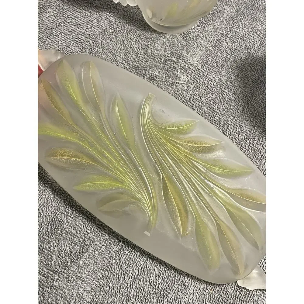 Vintage Indiana Glass Frosted Satin Leaf Creamer Sugar Bowl Tray MCM Set